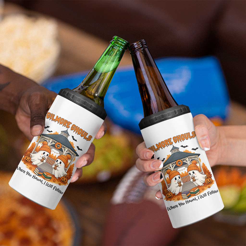 Cute Gilmore Ghouls Halloween Ghost 4 in 1 Can Cooler Tumbler Cozy Fall Aesthetic with Pumpkin Spice and Books - Wonder Print Shop