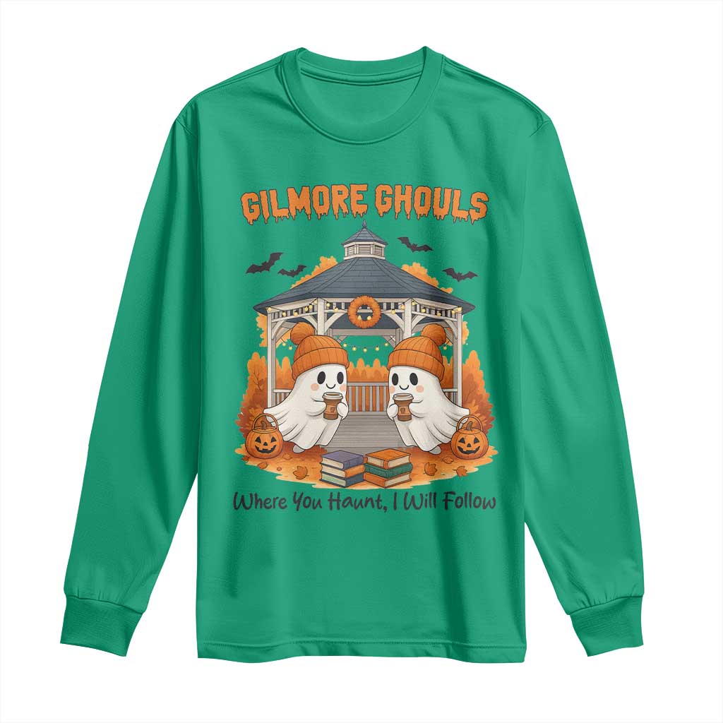 Cute Gilmore Ghouls Halloween Ghost Long Sleeve Shirt Cozy Fall Aesthetic with Pumpkin Spice and Books - Wonder Print Shop