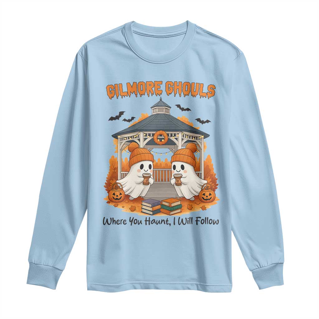 Cute Gilmore Ghouls Halloween Ghost Long Sleeve Shirt Cozy Fall Aesthetic with Pumpkin Spice and Books - Wonder Print Shop
