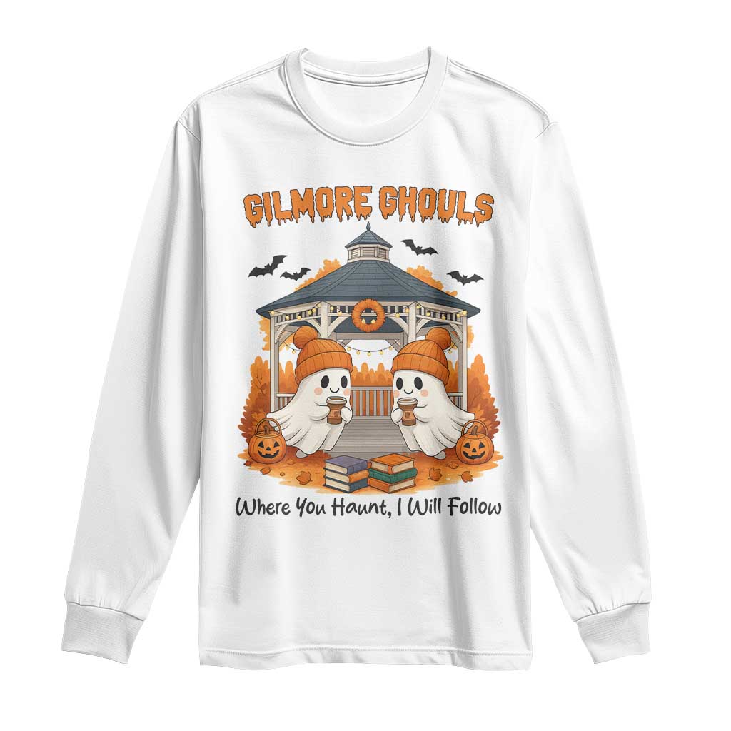 Cute Gilmore Ghouls Halloween Ghost Long Sleeve Shirt Cozy Fall Aesthetic with Pumpkin Spice and Books - Wonder Print Shop