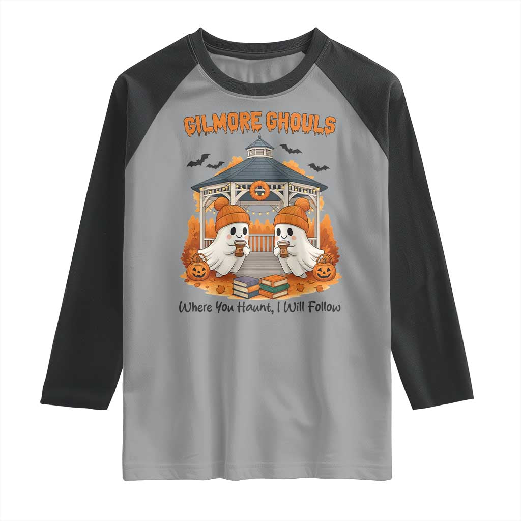 Cute Gilmore Ghouls Halloween Ghost Raglan Shirt Cozy Fall Aesthetic with Pumpkin Spice and Books - Wonder Print Shop