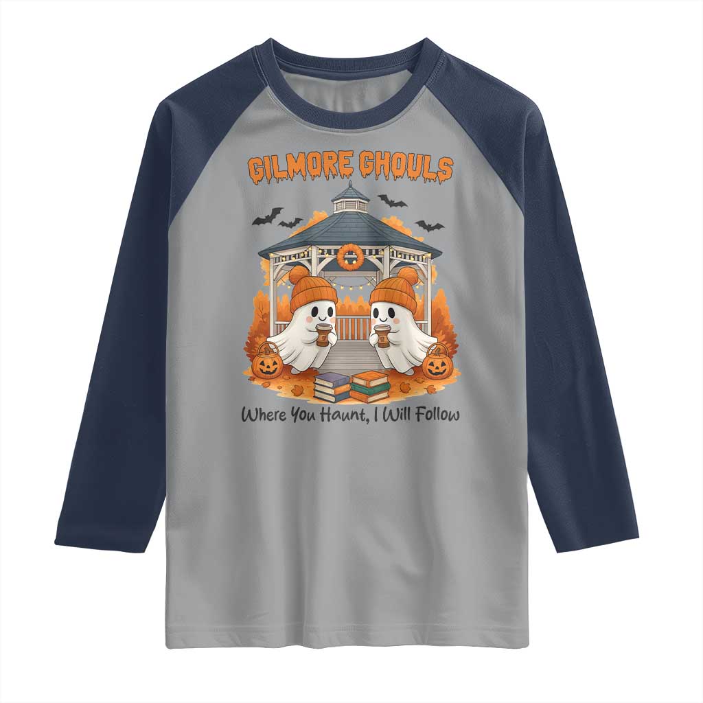 Cute Gilmore Ghouls Halloween Ghost Raglan Shirt Cozy Fall Aesthetic with Pumpkin Spice and Books - Wonder Print Shop