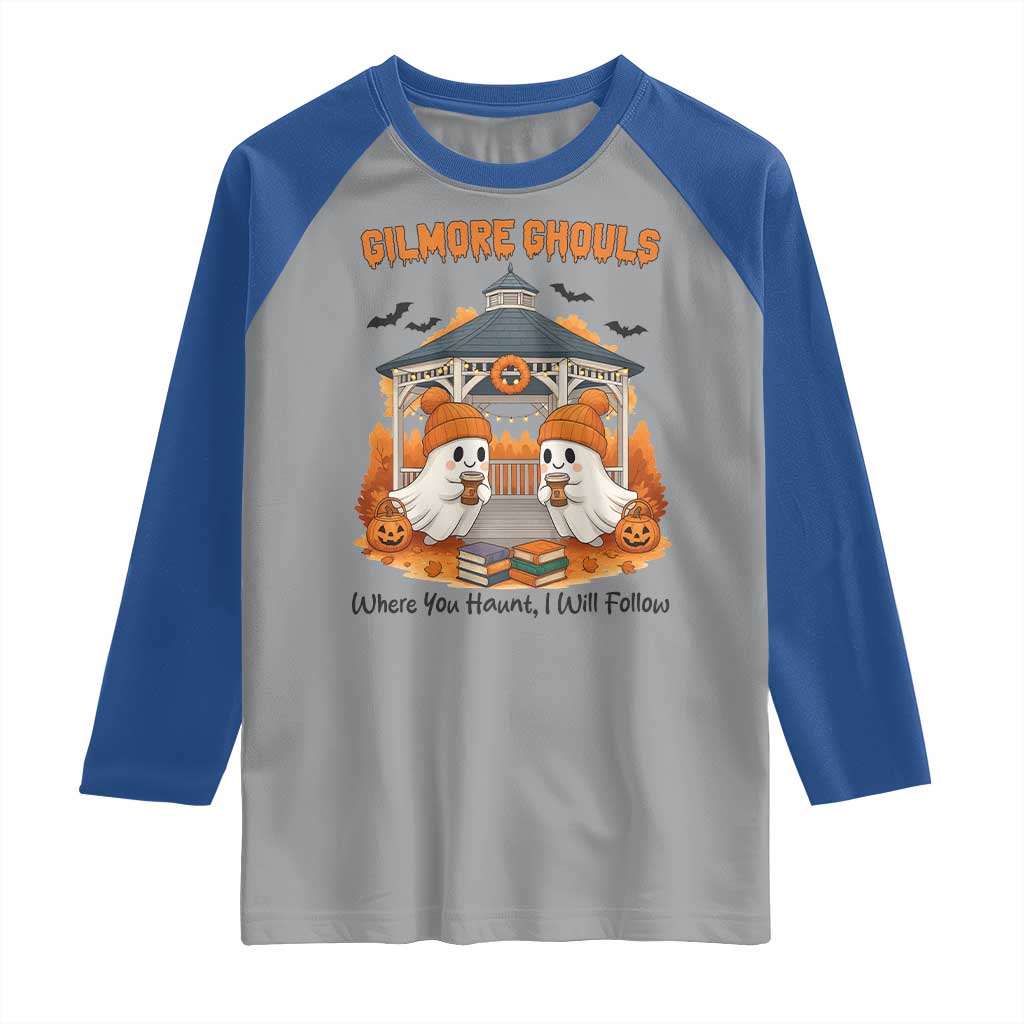 Cute Gilmore Ghouls Halloween Ghost Raglan Shirt Cozy Fall Aesthetic with Pumpkin Spice and Books - Wonder Print Shop