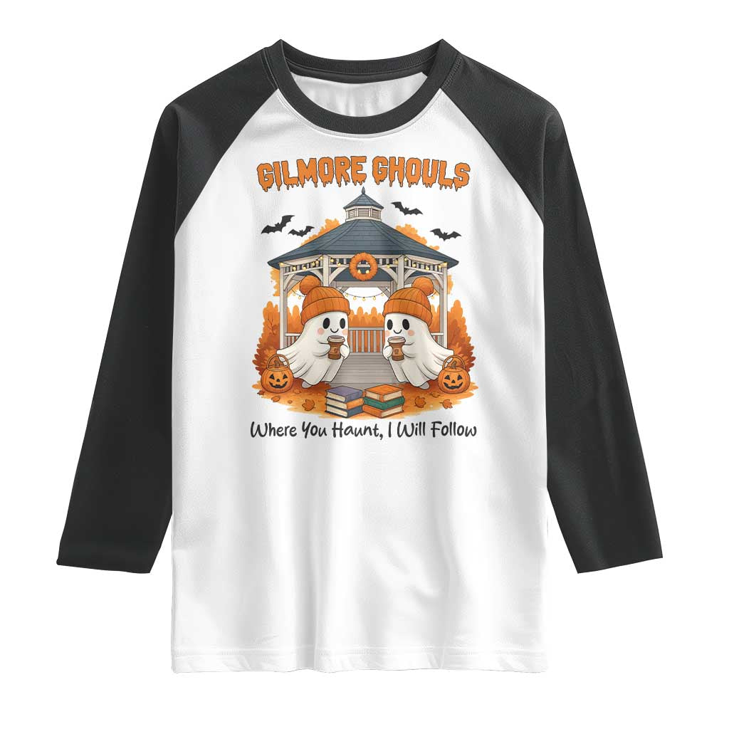Cute Gilmore Ghouls Halloween Ghost Raglan Shirt Cozy Fall Aesthetic with Pumpkin Spice and Books - Wonder Print Shop