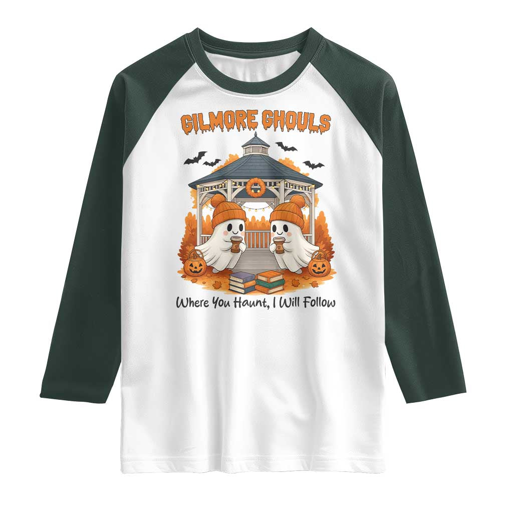 Cute Gilmore Ghouls Halloween Ghost Raglan Shirt Cozy Fall Aesthetic with Pumpkin Spice and Books - Wonder Print Shop