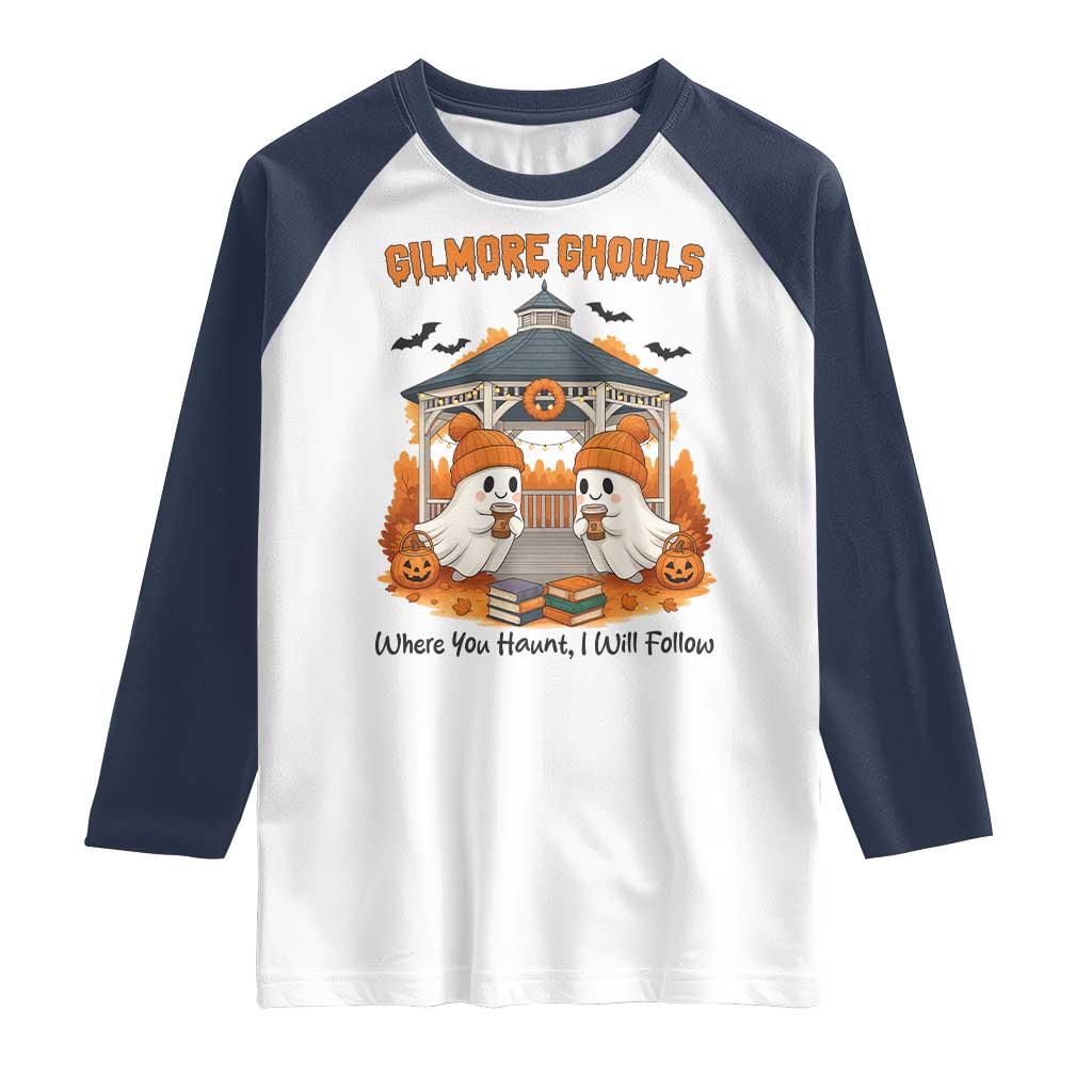 Cute Gilmore Ghouls Halloween Ghost Raglan Shirt Cozy Fall Aesthetic with Pumpkin Spice and Books - Wonder Print Shop