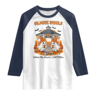 Cute Gilmore Ghouls Halloween Ghost Raglan Shirt Cozy Fall Aesthetic with Pumpkin Spice and Books - Wonder Print Shop