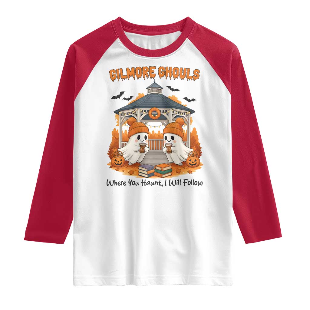 Cute Gilmore Ghouls Halloween Ghost Raglan Shirt Cozy Fall Aesthetic with Pumpkin Spice and Books - Wonder Print Shop