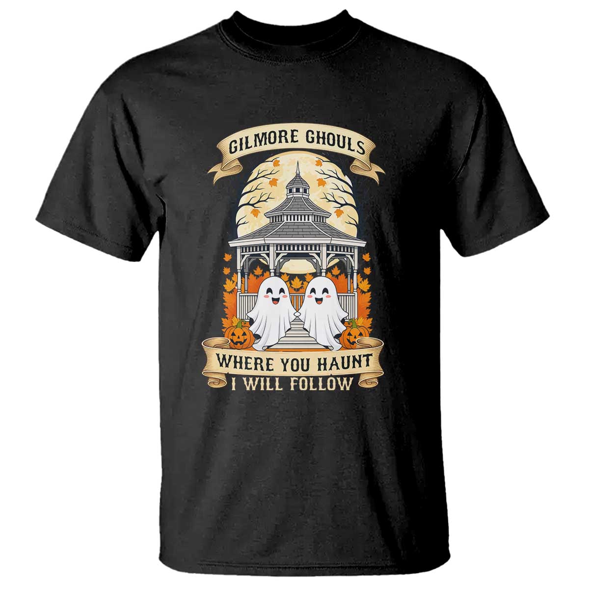 Gilmore Ghouls Halloween Ghost T Shirt Cute Couple Spooky Boo with Fall Gazebo - Wonder Print Shop