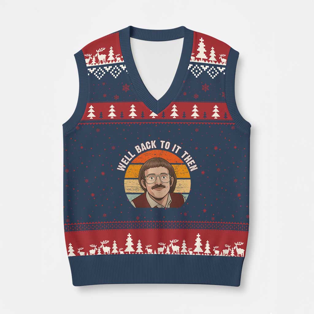 Retro Well Back To It Then V-Neck Knit Sweater Vest Funny Office Joke Vintage Mustache Guy Meme - Wonder Print Shop