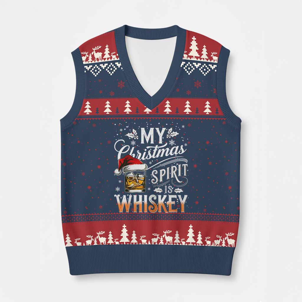 Funny My Christmas Spirit Is Whiskey V-Neck Knit Sweater Vest Holiday Drinking Festive Spirit