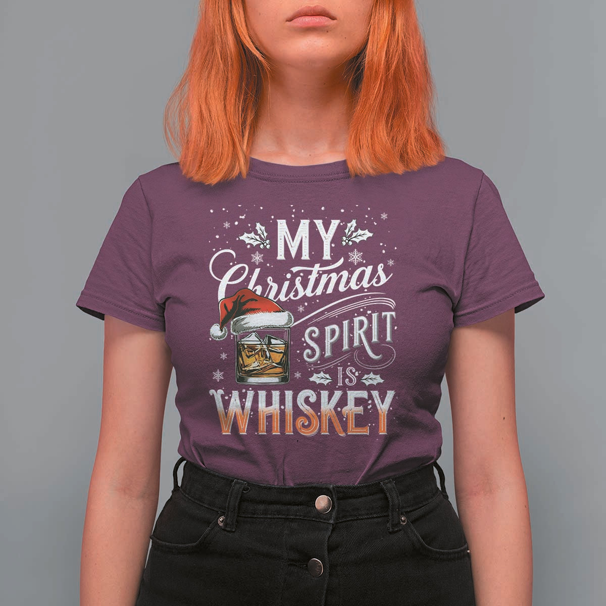 Funny My Christmas Spirit Is Whiskey T Shirt For Women Holiday Drinking Festive Spirit