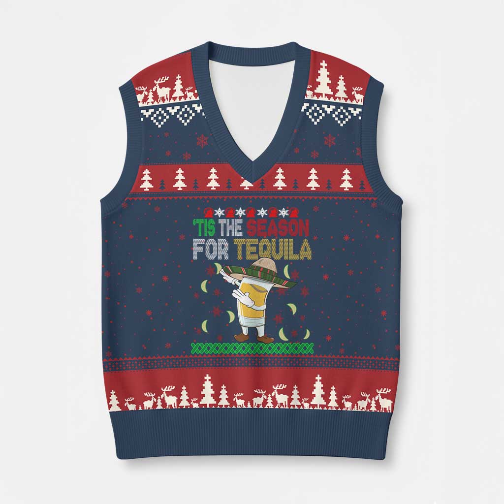 Mexican Xmas V-Neck Knit Sweater Vest Tis The Season For Tequila Dabbing Alcohol Lover - Wonder Print Shop