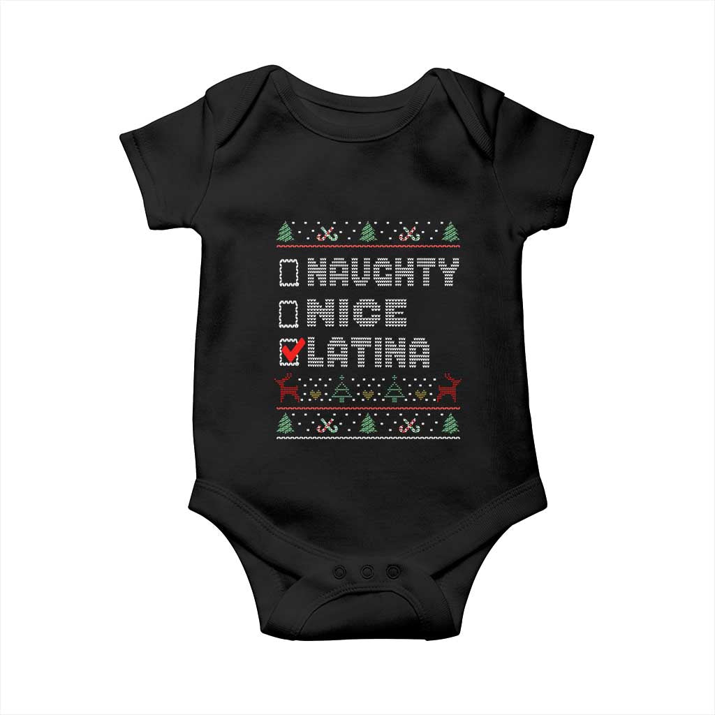Latin American Christmas Baby Onesie Naughty Nice Latina Funny Xmas List Hispanic Ugly Sweater