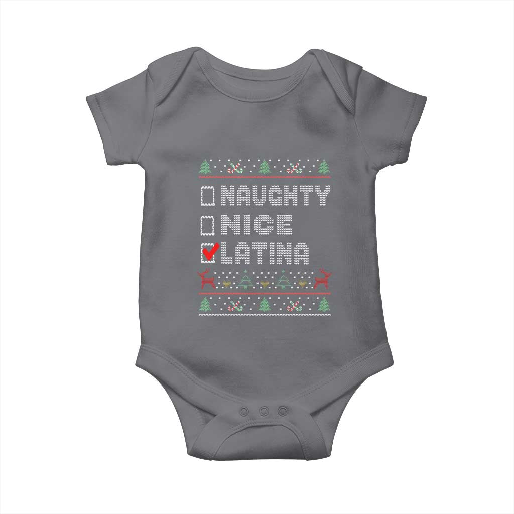 Latin American Christmas Baby Onesie Naughty Nice Latina Funny Xmas List Hispanic Ugly Sweater