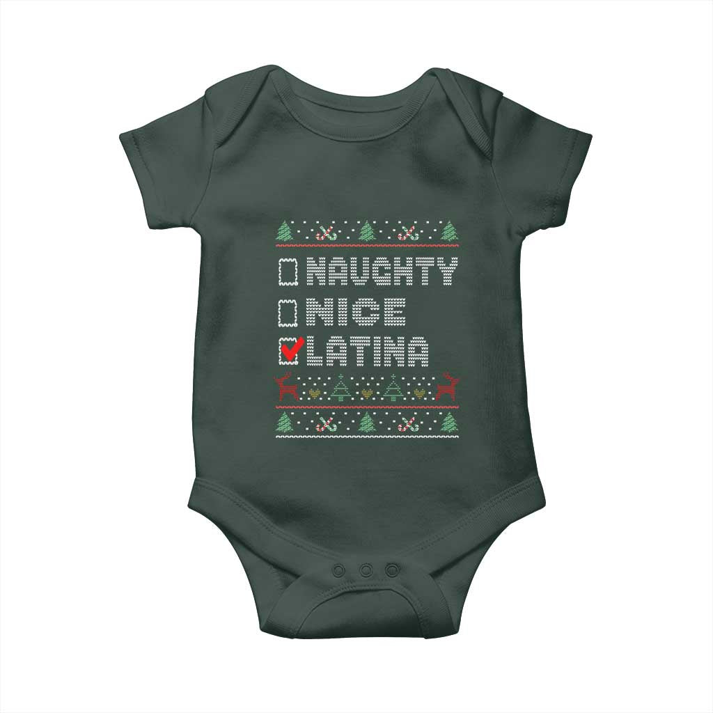 Latin American Christmas Baby Onesie Naughty Nice Latina Funny Xmas List Hispanic Ugly Sweater