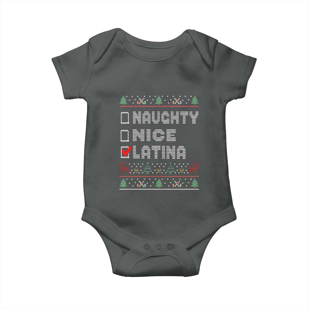 Latin American Christmas Baby Onesie Naughty Nice Latina Funny Xmas List Hispanic Ugly Sweater