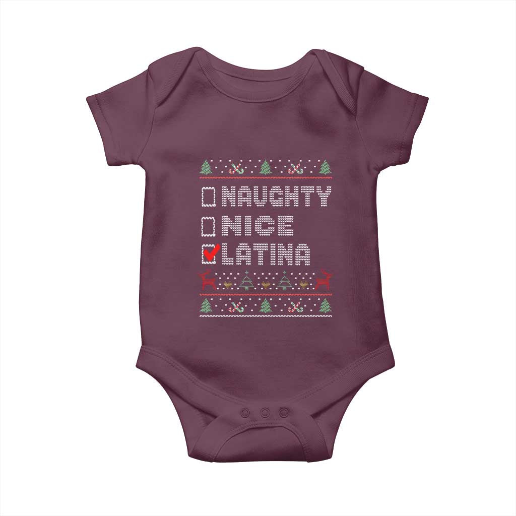 Latin American Christmas Baby Onesie Naughty Nice Latina Funny Xmas List Hispanic Ugly Sweater