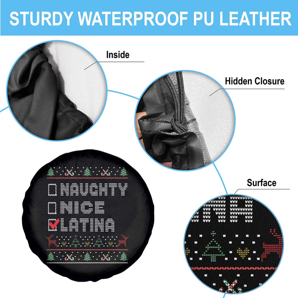 Latin American Xmas Spare Tire Cover Naughty Nice Latina Funny Xmas List Hispanic Ugly Sweater