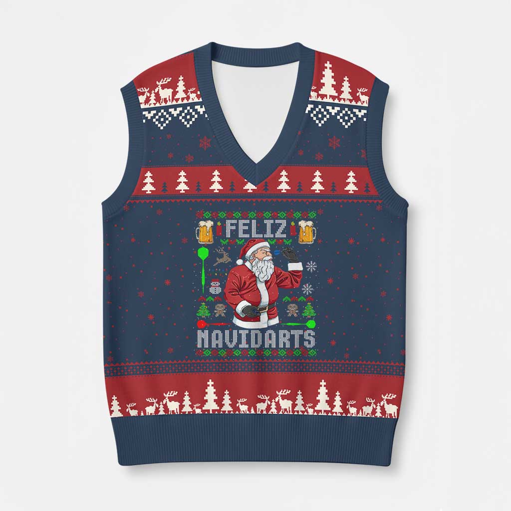 Xmas Dart Lover V-Neck Knit Sweater Vest Feliz Navidarts Santa Navidad Ugly Sweater - Wonder Print Shop