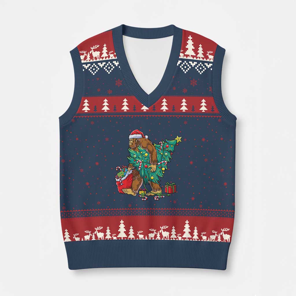 Bigfoot Xmas Tree V-Neck Knit Sweater Vest Xmas Lights Sasquatch Lovers - Wonder Print Shop