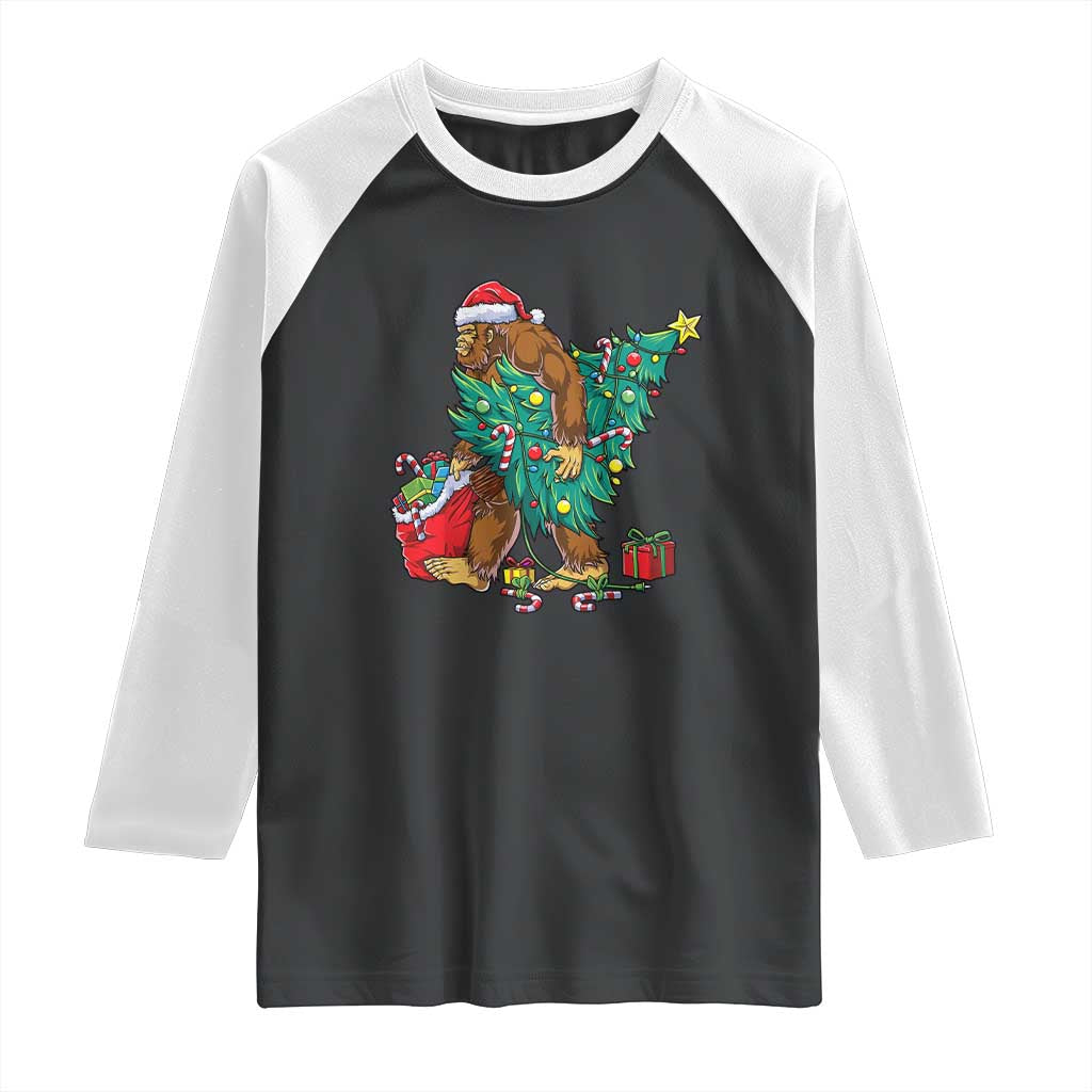 Bigfoot Christmas Tree Raglan Shirt Xmas Lights Sasquatch Lovers