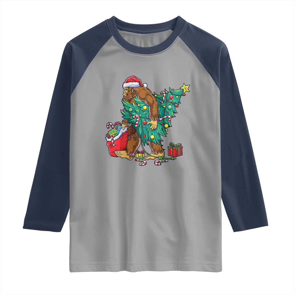 Bigfoot Christmas Tree Raglan Shirt Xmas Lights Sasquatch Lovers