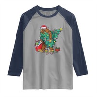 Bigfoot Christmas Tree Raglan Shirt Xmas Lights Sasquatch Lovers