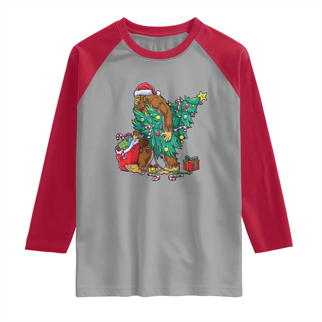 Bigfoot Christmas Tree Raglan Shirt Xmas Lights Sasquatch Lovers