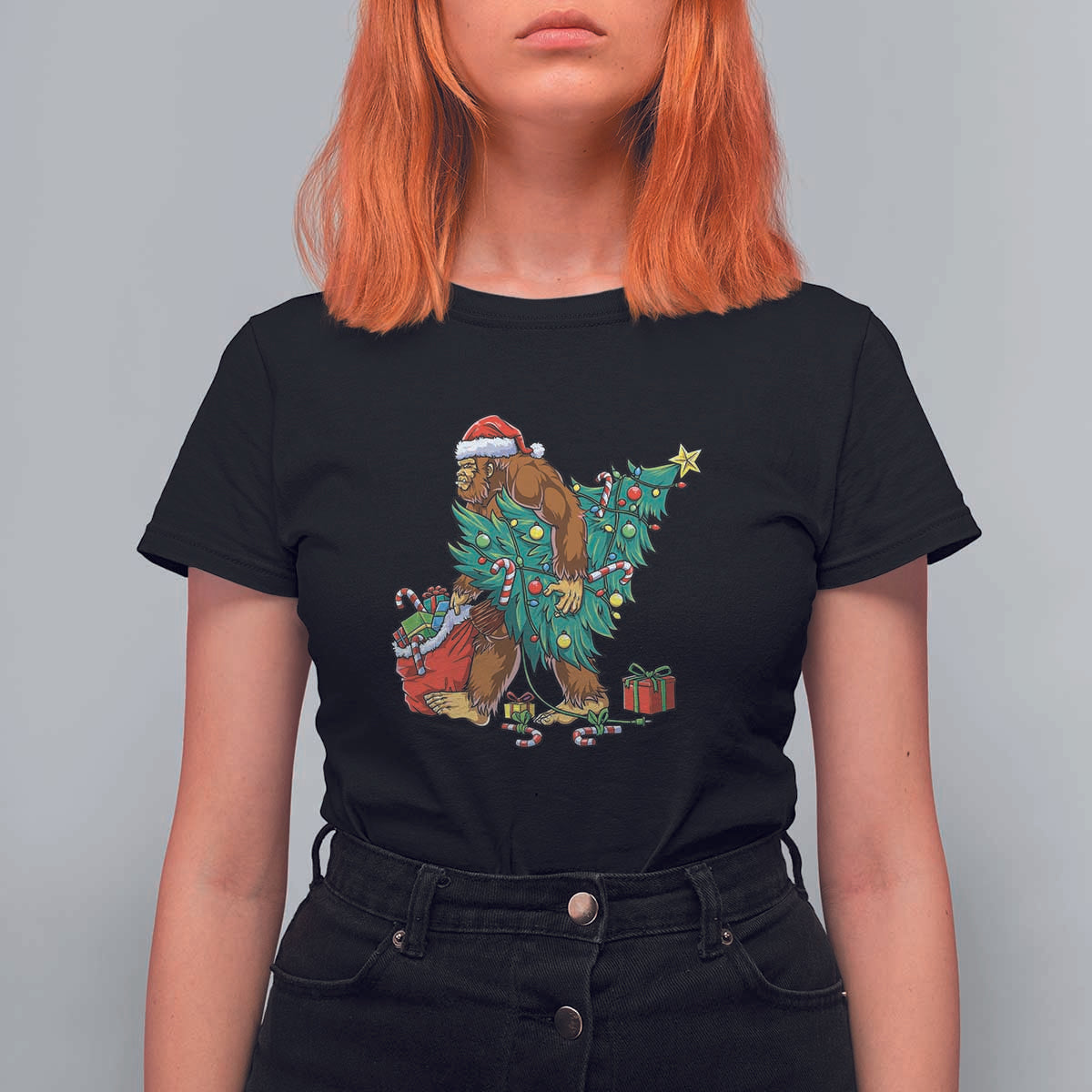 Bigfoot Christmas Tree T Shirt For Women Xmas Lights Sasquatch Lovers - Wonder Print Shop