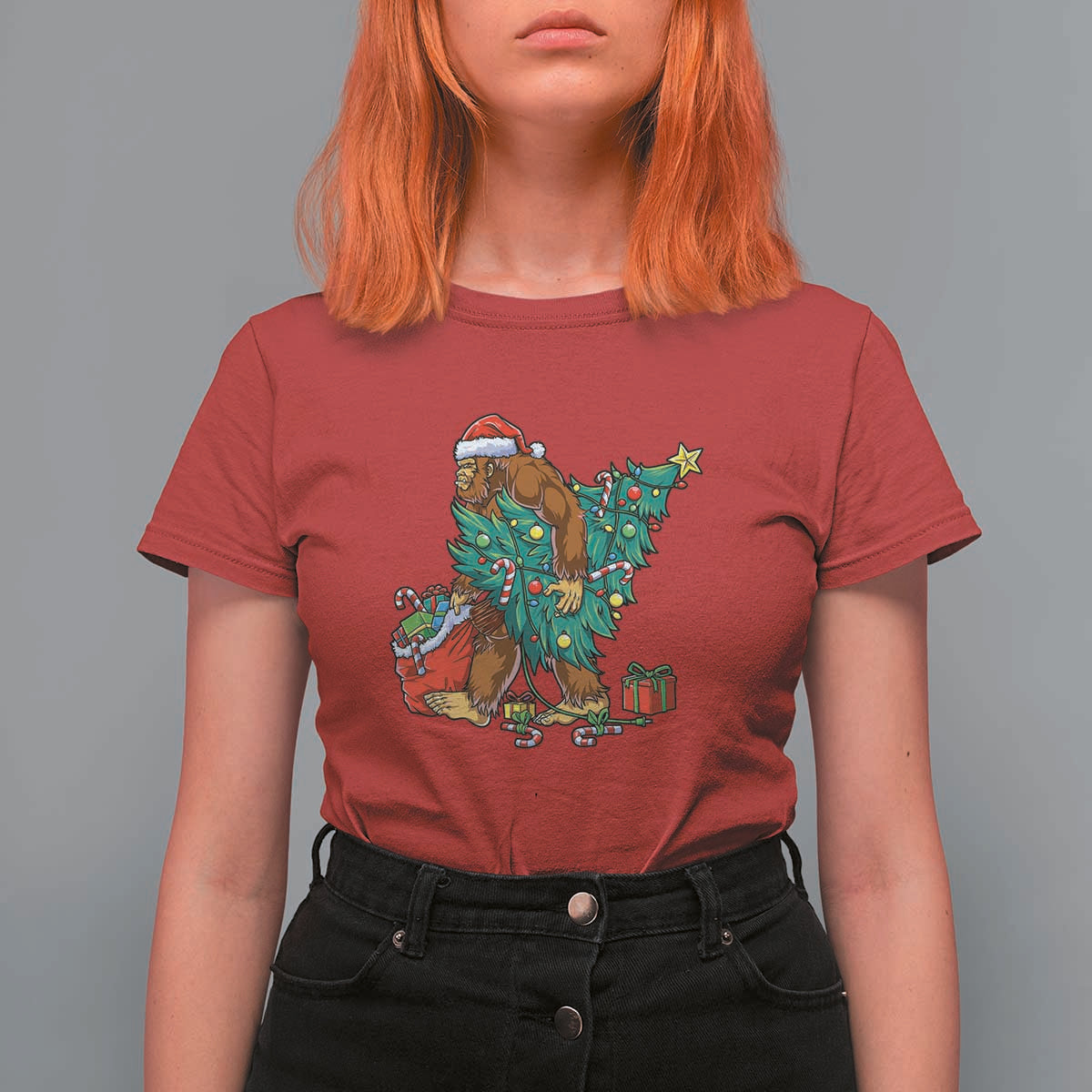 Bigfoot Christmas Tree T Shirt For Women Xmas Lights Sasquatch Lovers - Wonder Print Shop