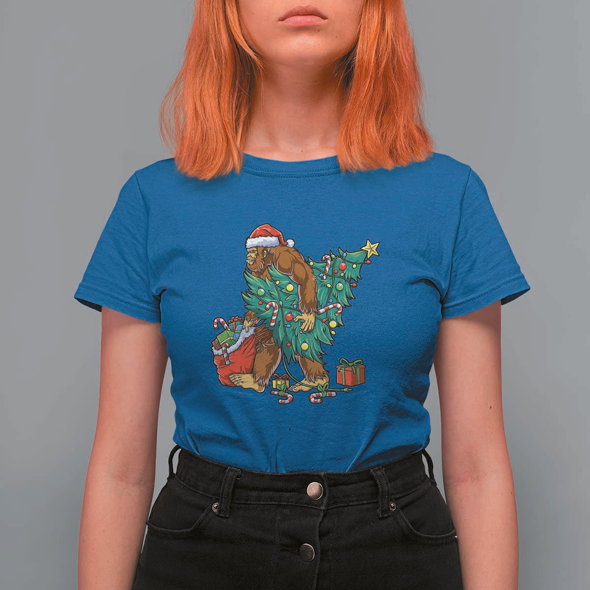 Bigfoot Christmas Tree T Shirt For Women Xmas Lights Sasquatch Lovers - Wonder Print Shop