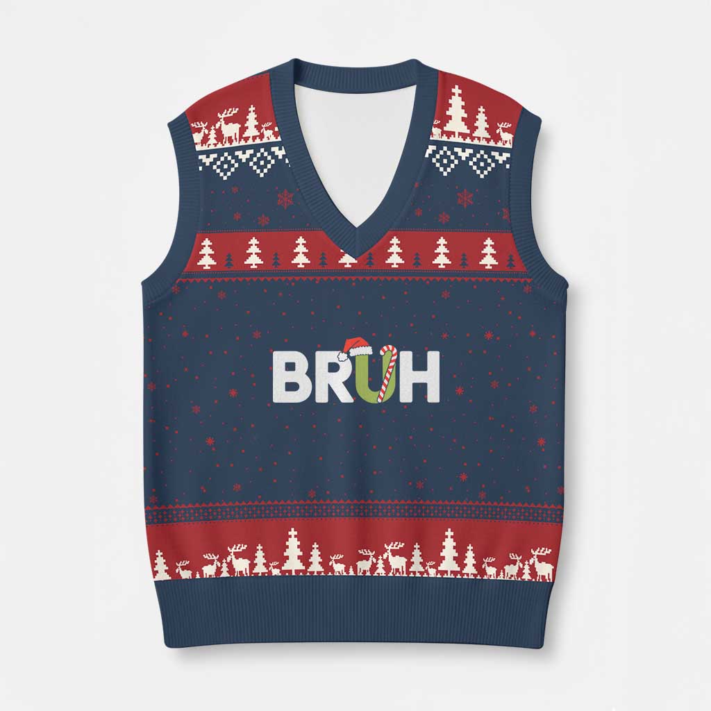 Funny Xmas Bruh V-Neck Knit Sweater Vest Candy Cane Santa Hat Festive Xmas Matching - Wonder Print Shop