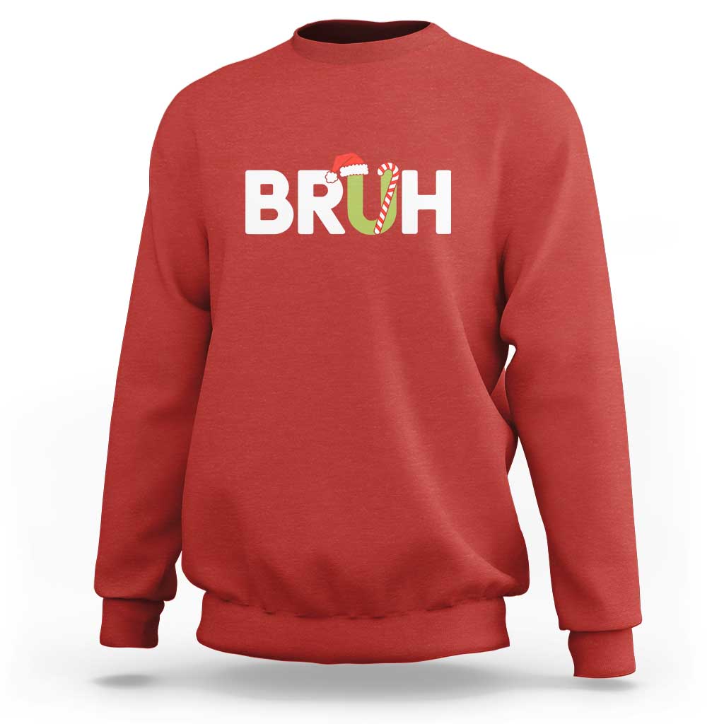 Funny Christmas Bruh Sweatshirt Candy Cane Santa Hat Festive Xmas Matching - Wonder Print Shop