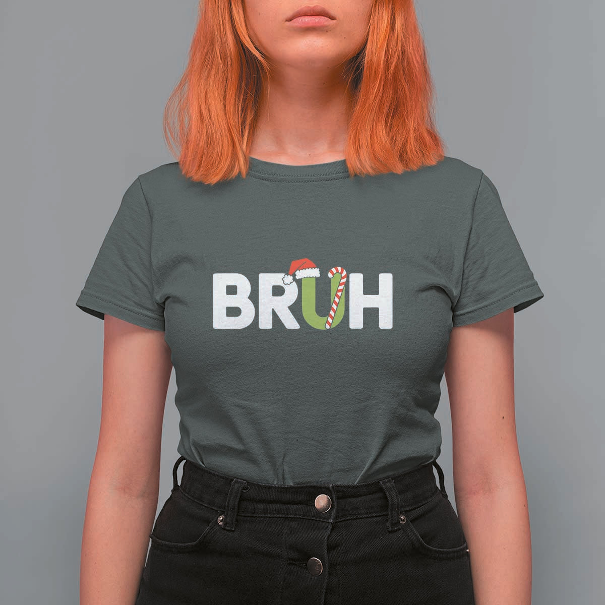 Funny Christmas Bruh T Shirt For Women Candy Cane Santa Hat Festive Xmas Matching - Wonder Print Shop