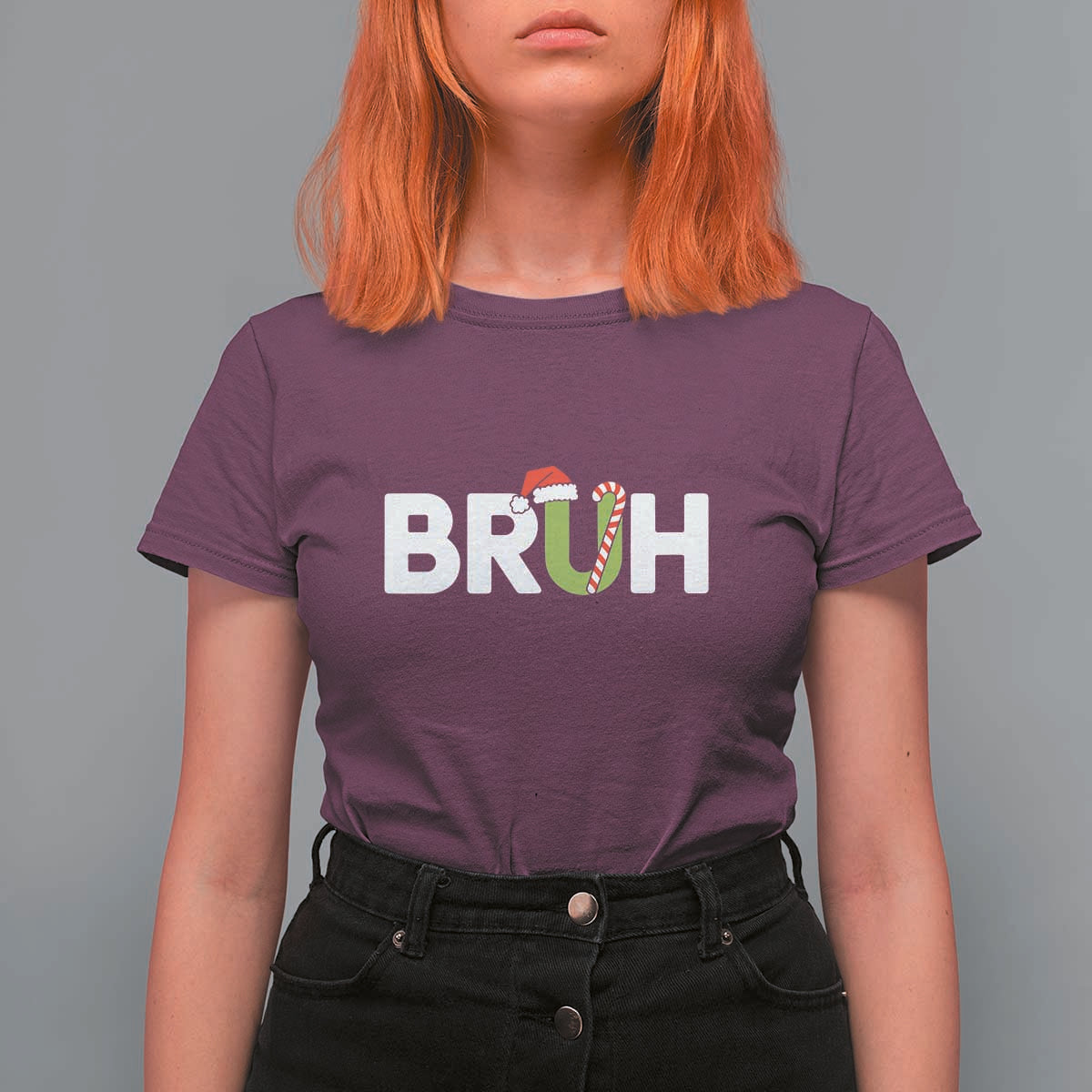 Funny Christmas Bruh T Shirt For Women Candy Cane Santa Hat Festive Xmas Matching - Wonder Print Shop