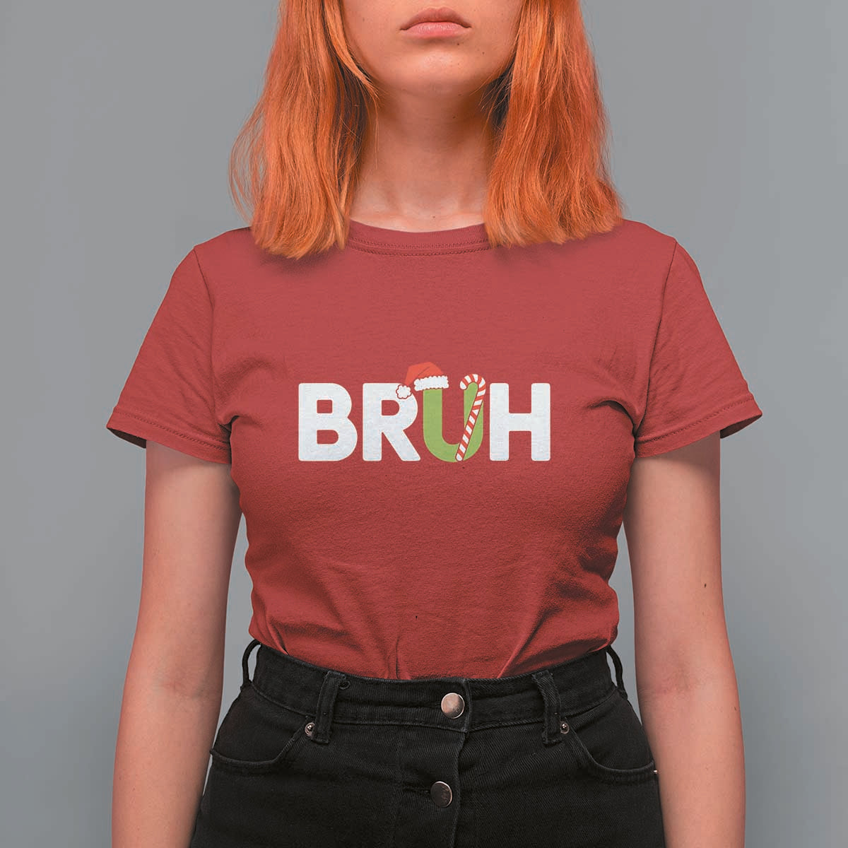 Funny Christmas Bruh T Shirt For Women Candy Cane Santa Hat Festive Xmas Matching - Wonder Print Shop
