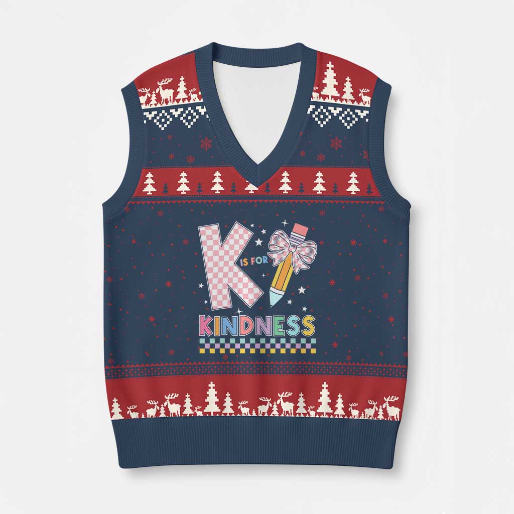 K Is For Kindness V-Neck Knit Sweater Vest Cute Pencil Bow Teacher Be Kind - Wonder Print Shop