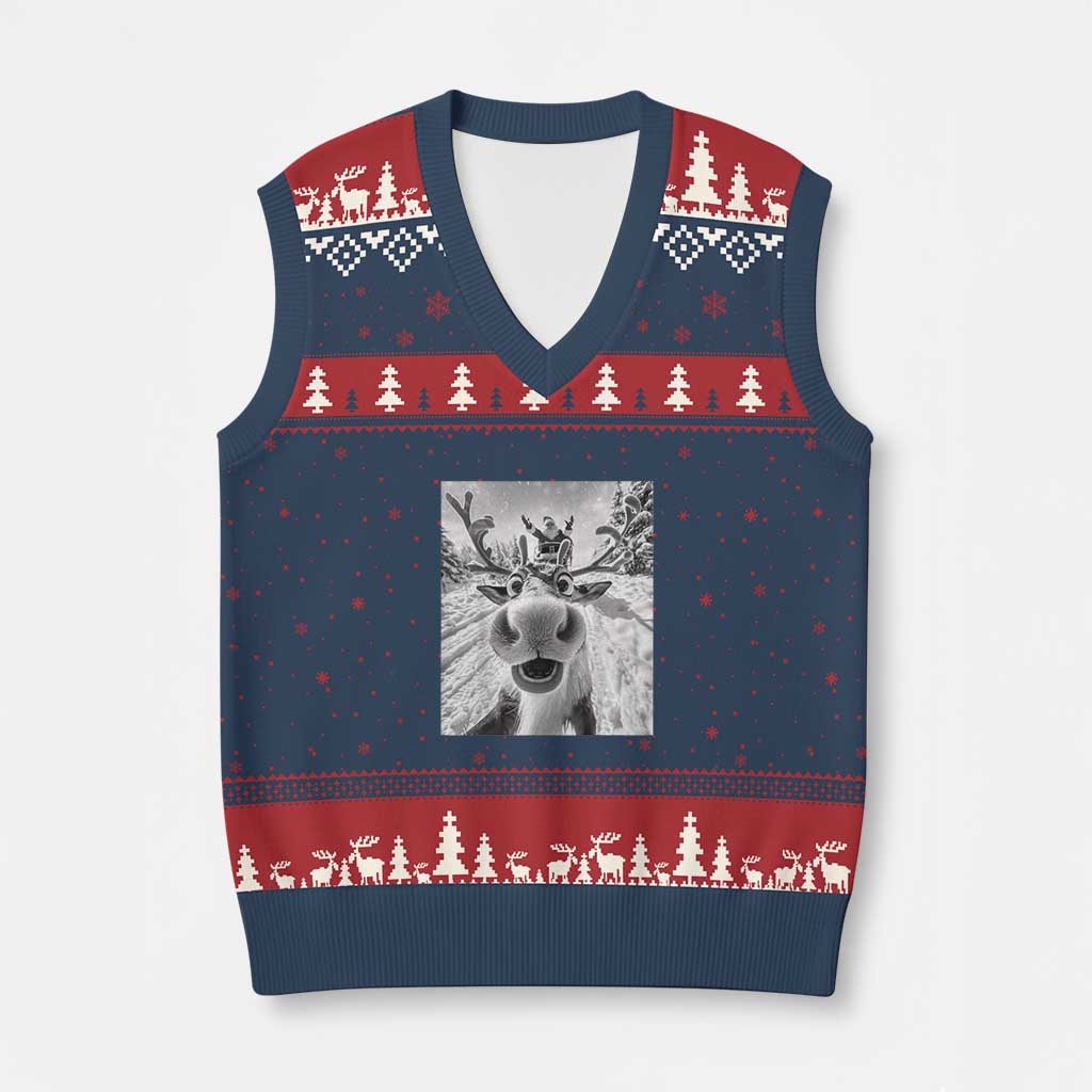 Funny Xmas Reindeer Selfie V-Neck Knit Sweater Vest With Santa Xmas Gag Gift - Wonder Print Shop