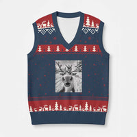 Funny Xmas Reindeer Selfie V-Neck Knit Sweater Vest With Santa Xmas Gag Gift - Wonder Print Shop
