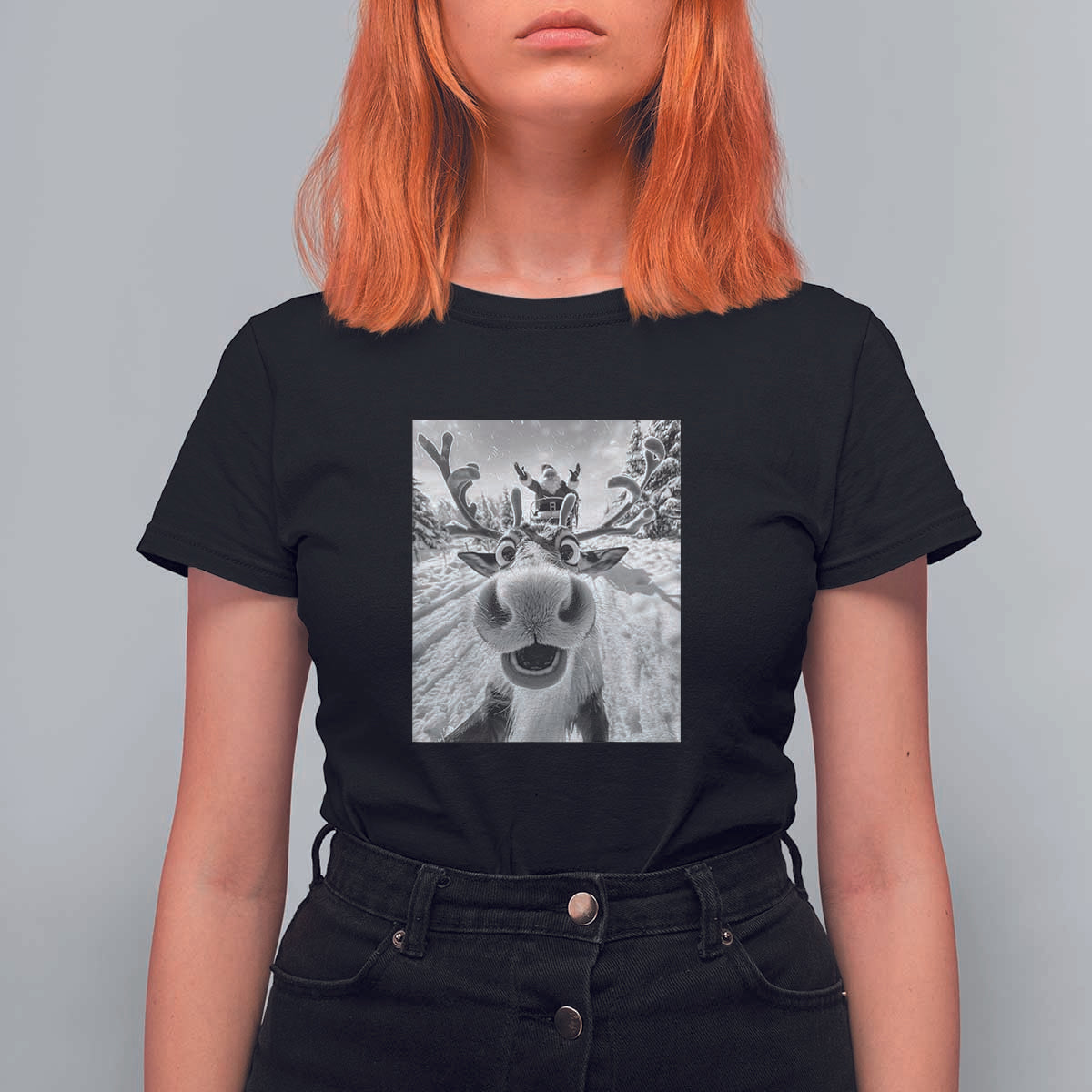 Funny Christmas Reindeer Selfie T Shirt For Women With Santa Xmas Gag Gift - Wonder Print Shop