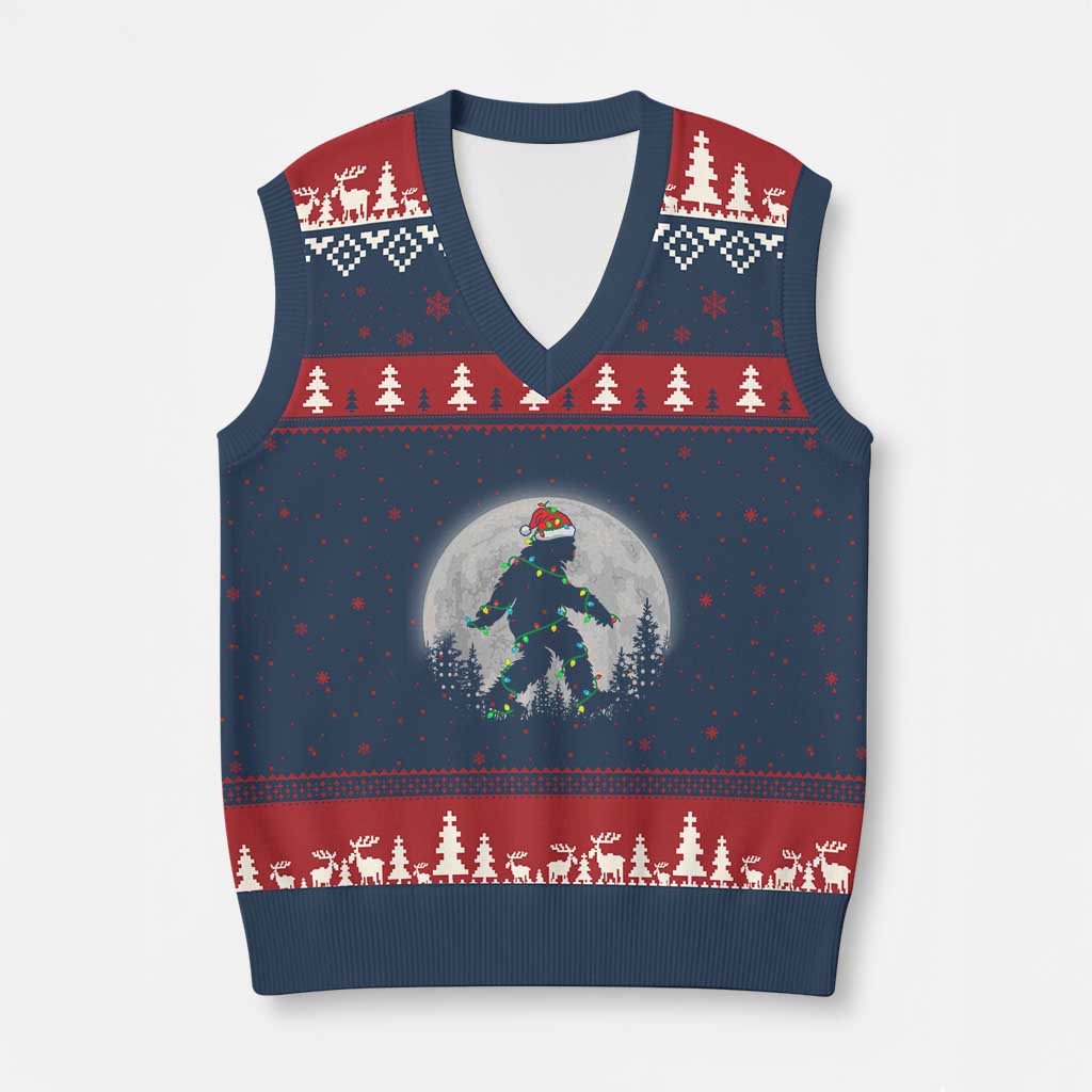Xmas Bigfoot V-Neck Knit Sweater Vest Sasquatch with Santa Hat Xmas Tree Lights - Wonder Print Shop