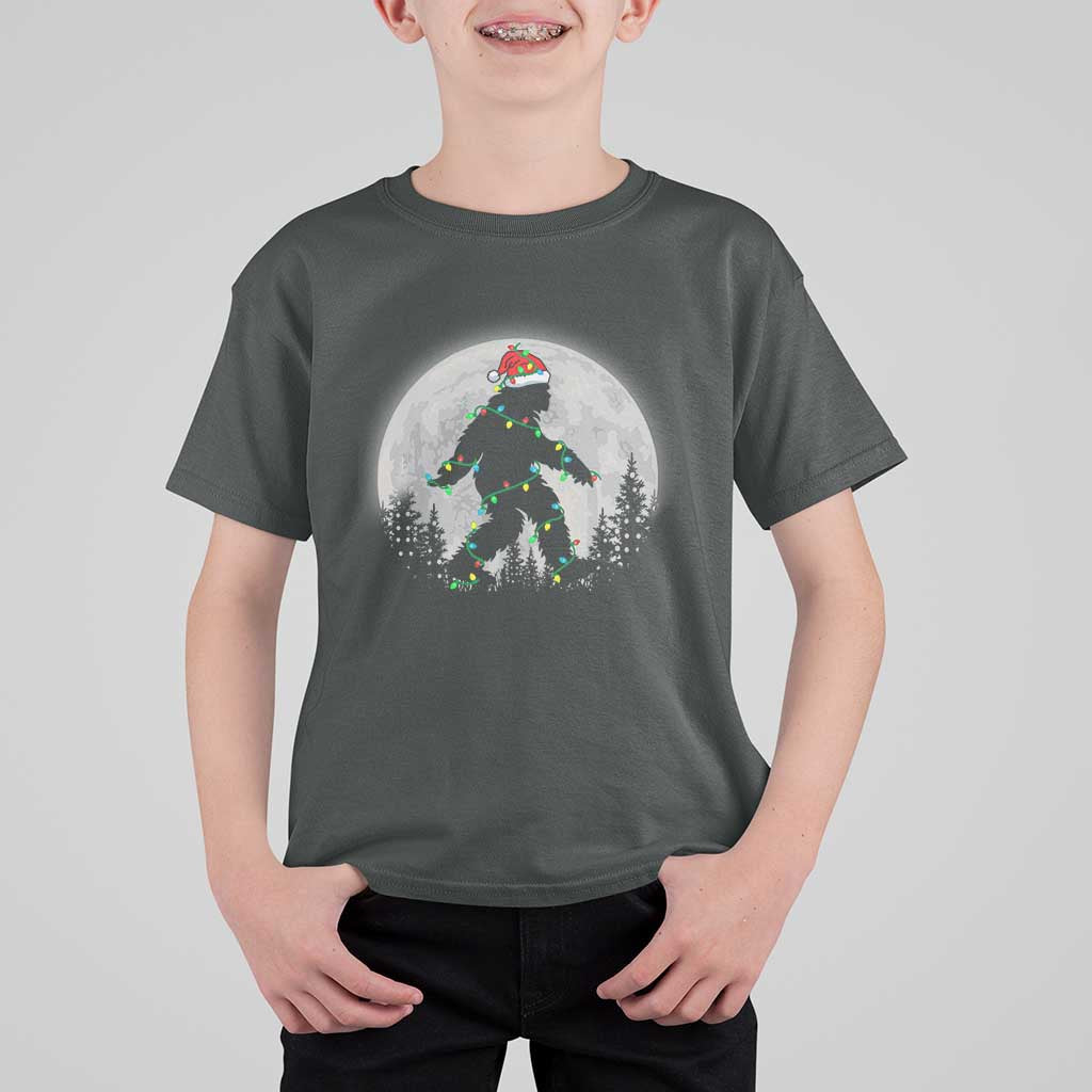Christmas Bigfoot T Shirt For Kid Sasquatch with Santa Hat Xmas Tree Lights - Wonder Print Shop