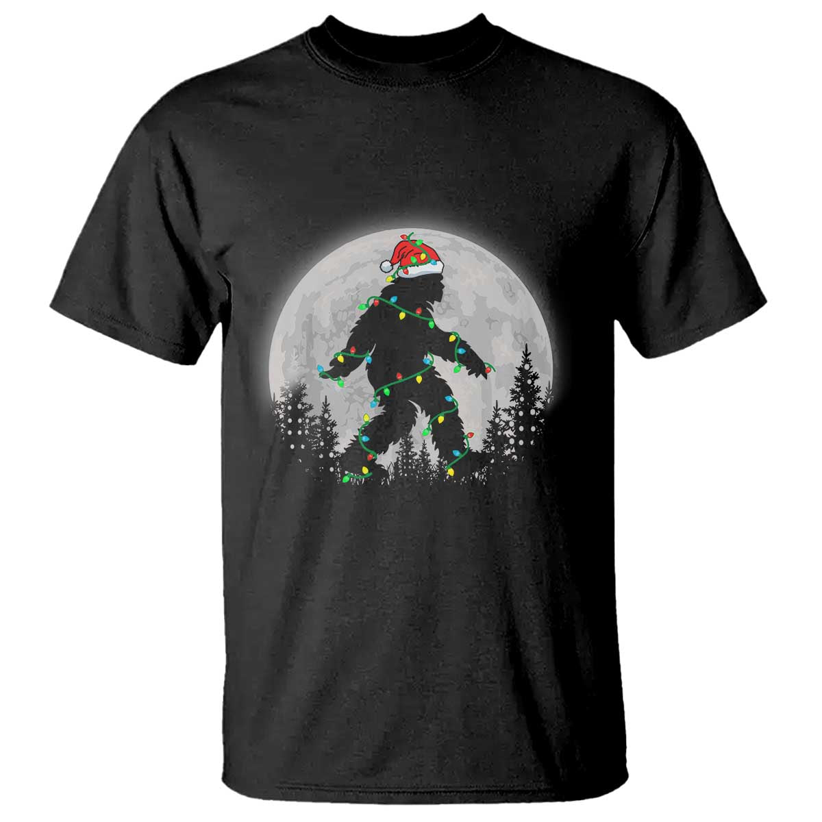 Christmas Bigfoot T Shirt Sasquatch with Santa Hat Xmas Tree Lights - Wonder Print Shop
