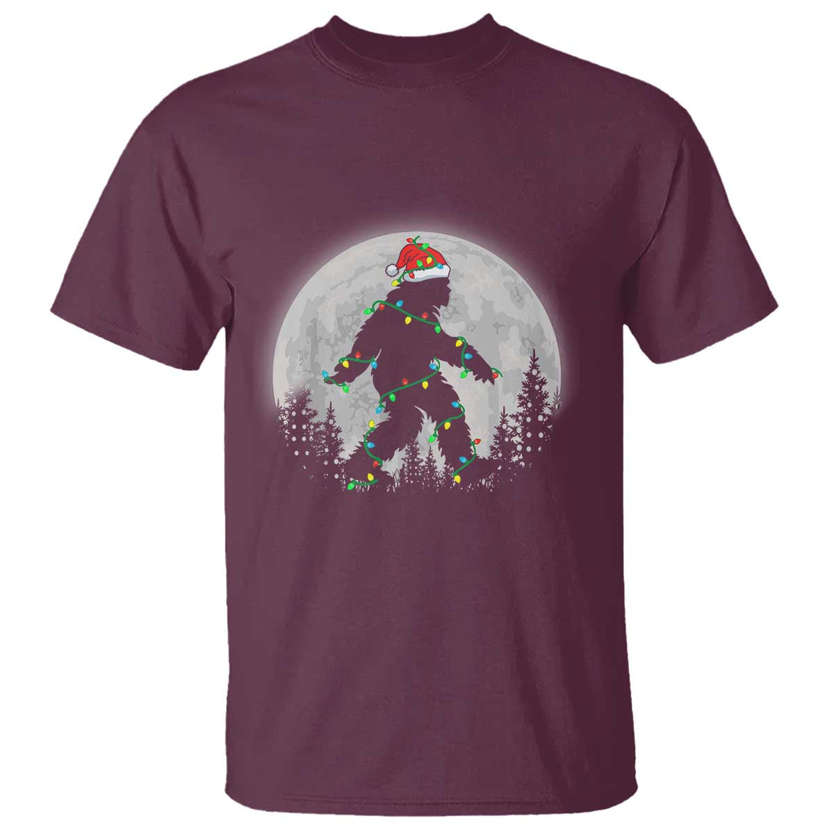 Christmas Bigfoot T Shirt Sasquatch with Santa Hat Xmas Tree Lights - Wonder Print Shop