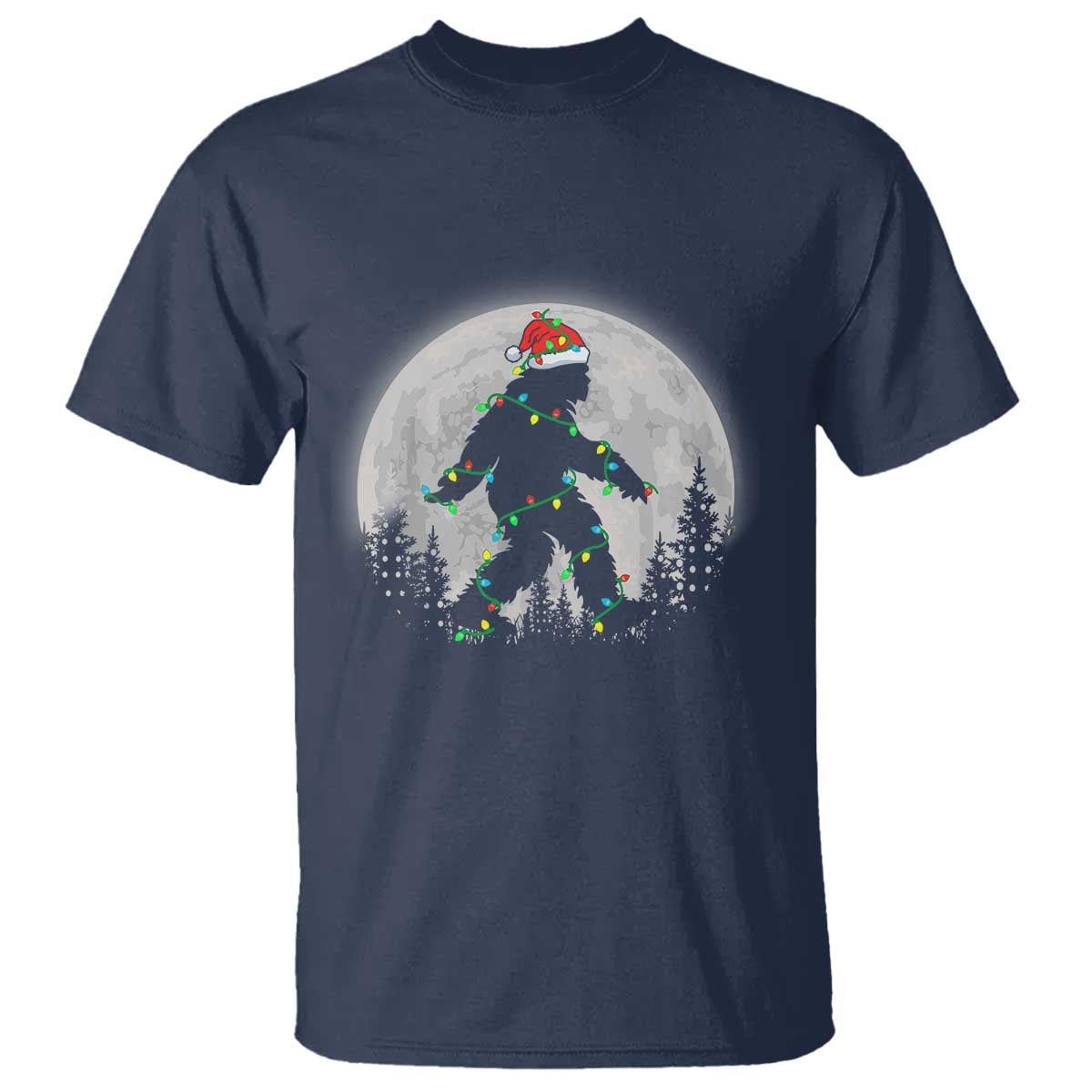 Christmas Bigfoot T Shirt Sasquatch with Santa Hat Xmas Tree Lights - Wonder Print Shop