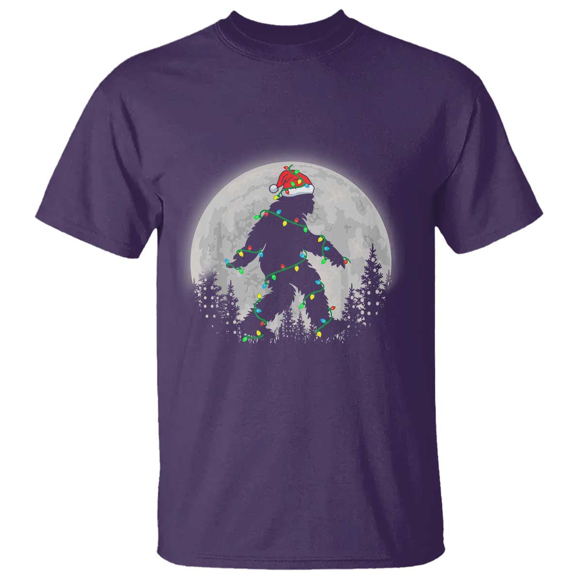 Christmas Bigfoot T Shirt Sasquatch with Santa Hat Xmas Tree Lights - Wonder Print Shop