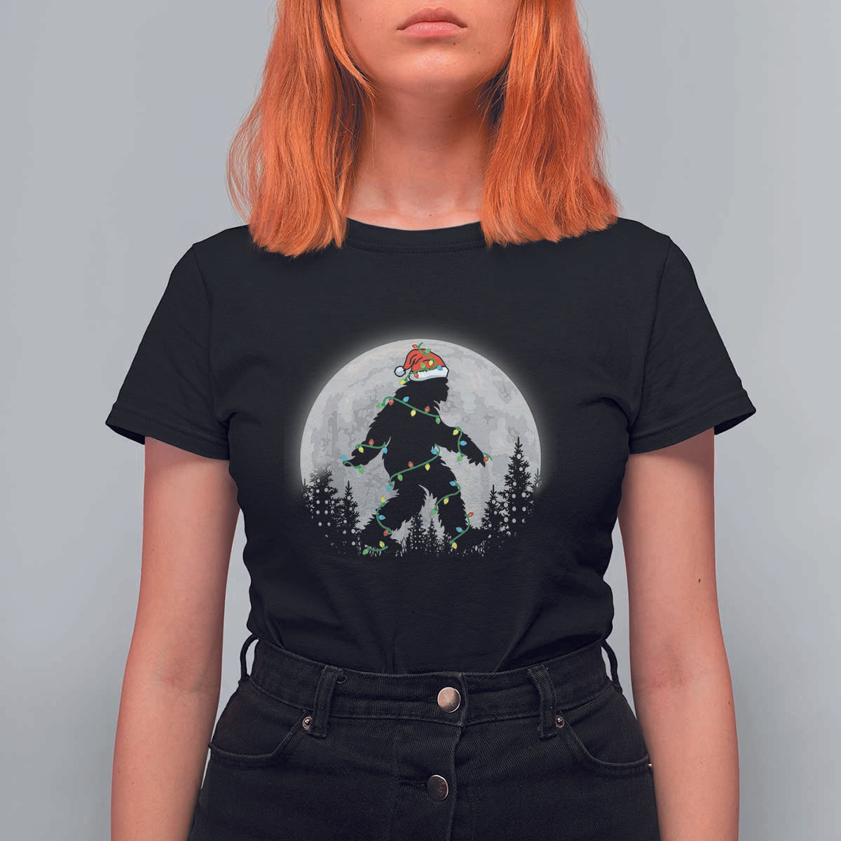 Christmas Bigfoot T Shirt For Women Sasquatch with Santa Hat Xmas Tree Lights - Wonder Print Shop