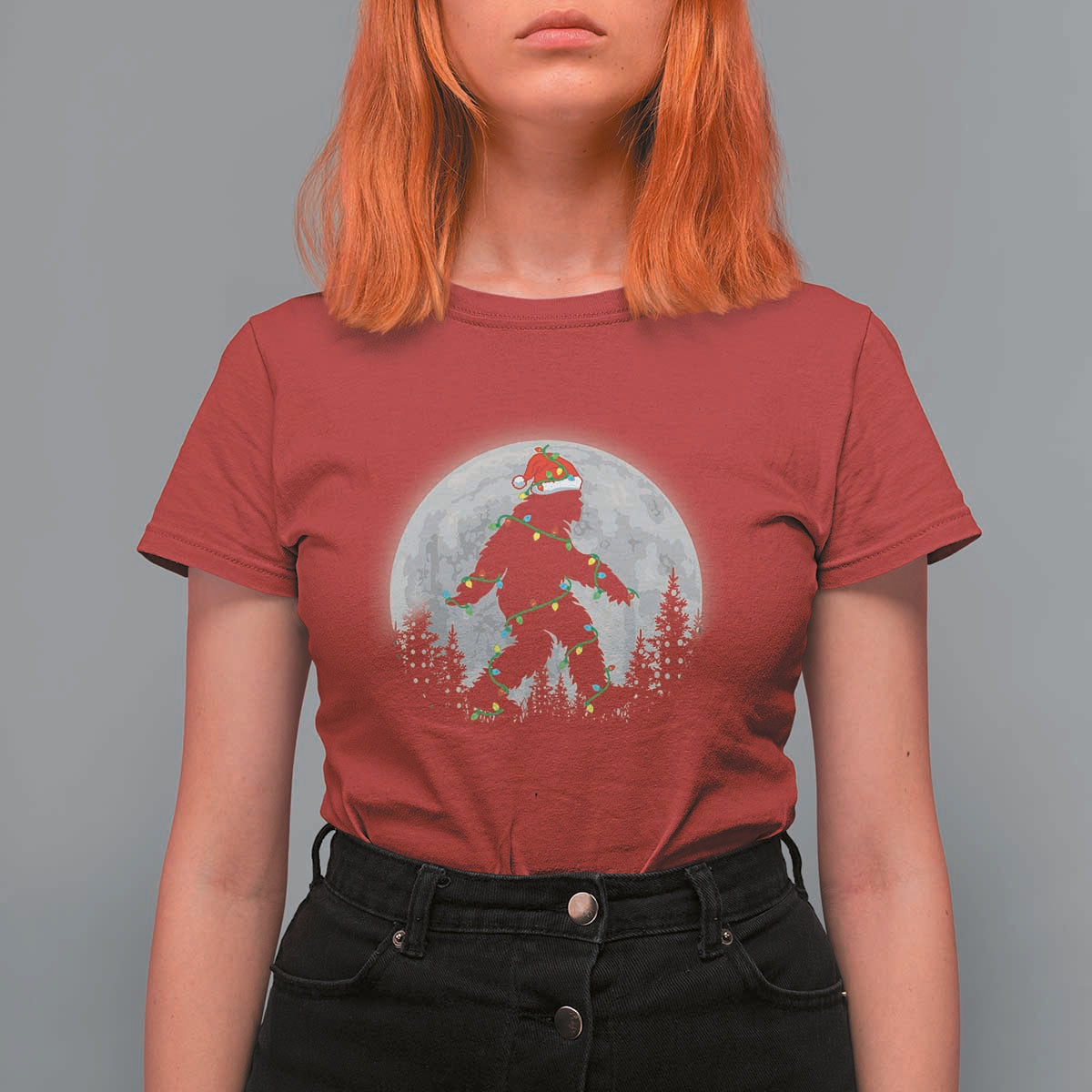 Christmas Bigfoot T Shirt For Women Sasquatch with Santa Hat Xmas Tree Lights - Wonder Print Shop