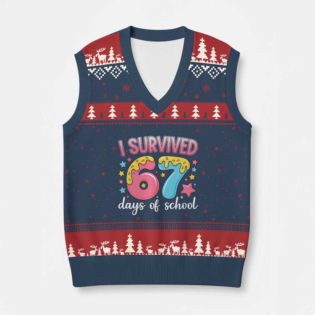 I Survived 67 Days of School V-Neck Knit Sweater Vest Cute 6 7 Six Seven Chaos Survivor for Students Teachers - Wonder Print Shop